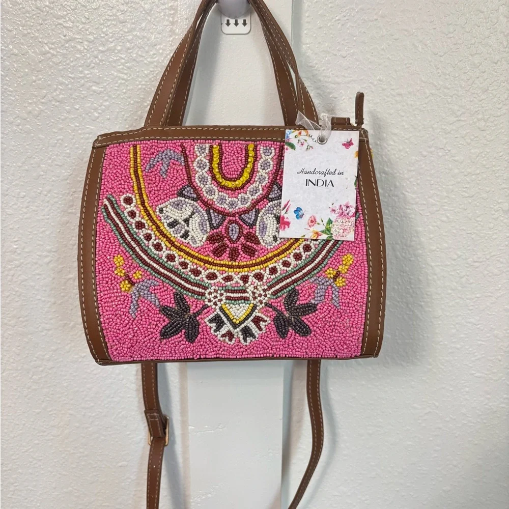 NWT Anthropologie Crossbody Bag Pink and Brown with Boho Embroidery - Picture 2 of 11